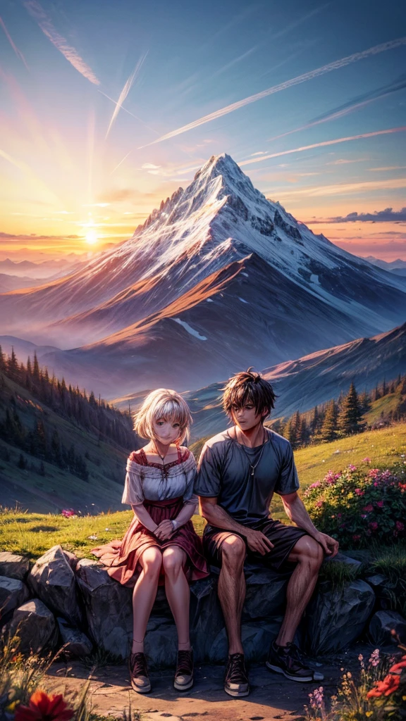 a beautiful mountain, a boy and girl sitting on the mountain watching the sunset, mountains, flowers, sunset, sunny, couple, short clothes, moody color, anime style,