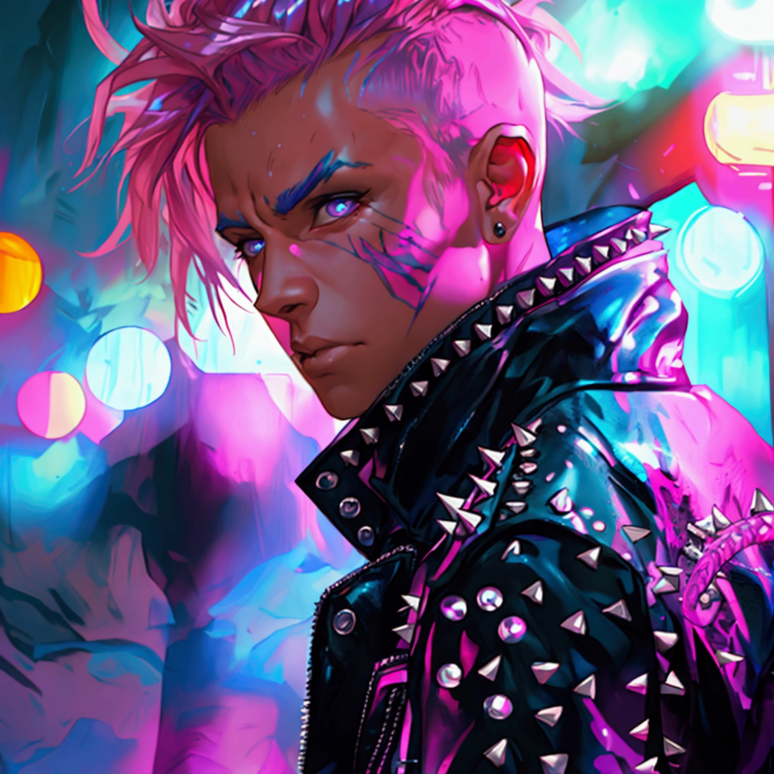 a young male with a pink and blue colored undercut, punk leather jacket with metal spikes, fingerless gloves, purple snakeskin pants, cowboy boots, detailed facial features, cinematic lighting, dramatic atmosphere, hyper-realistic, award-winning concept art, digital painting, 8k, HDR