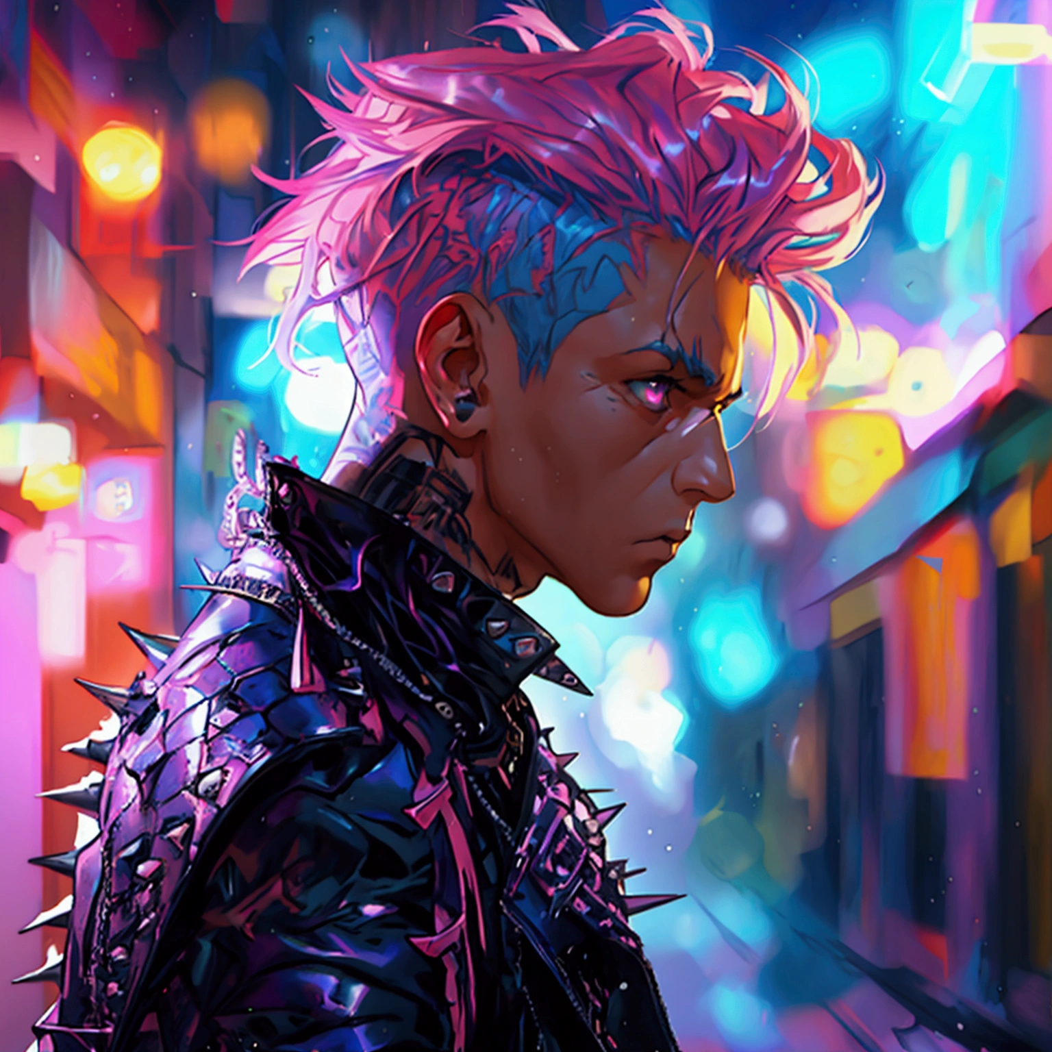 a young male with a pink and blue colored undercut, punk leather jacket with metal spikes, fingerless gloves, purple snakeskin pants, cowboy boots, detailed facial features, cinematic lighting, dramatic atmosphere, hyper-realistic, award-winning concept art, digital painting, 8k, HDR