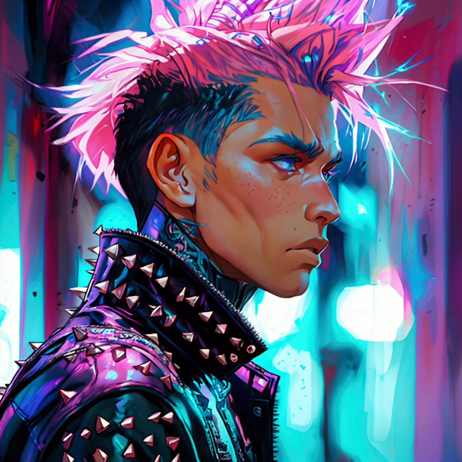 a young male with a pink and blue colored undercut, punk leather jacket with metal spikes, fingerless gloves, purple snakeskin pants, cowboy boots, detailed facial features, cinematic lighting, dramatic atmosphere, hyper-realistic, award-winning concept art, digital painting, 8k, HDR