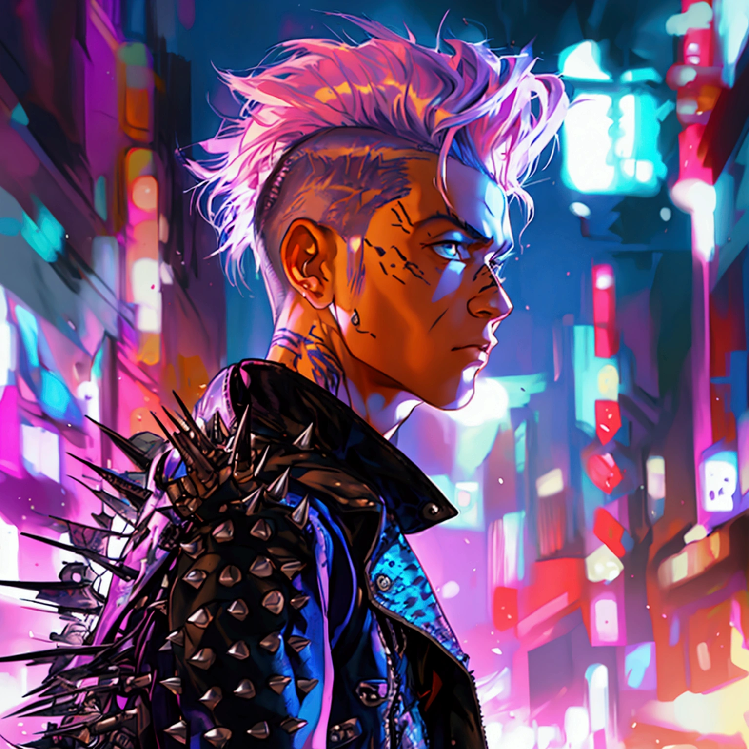 a young male with a pink and blue colored undercut, punk leather jacket with metal spikes, fingerless gloves, purple snakeskin pants, cowboy boots, detailed features, cinematic lighting, dramatic atmosphere, hyper-realistic, award-winning concept art, digital painting, 8k, HDR