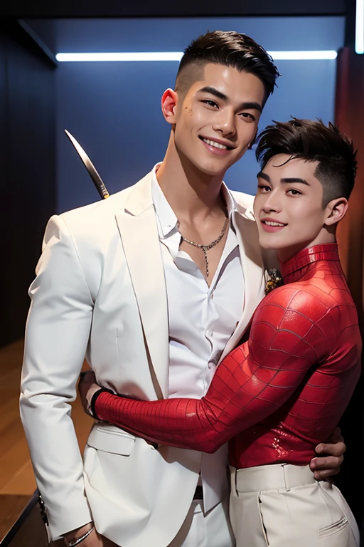 A man with black hair, pink highlights, black eyes, a handsome face, Full chest muscles, Buzz cut,Stylish short hair,a mischievous smile, eyebrow piercing, nose piercing, wearing a Spider-Man costume. Face looks like a Chinese man A little muscular sexy poses and hugged the neck of a tall man with white hair, red eyes, and a mischievous smile. Wear a white suit and have long hair. His face was handsome, tall, muscular, and smiling. He held a katana.