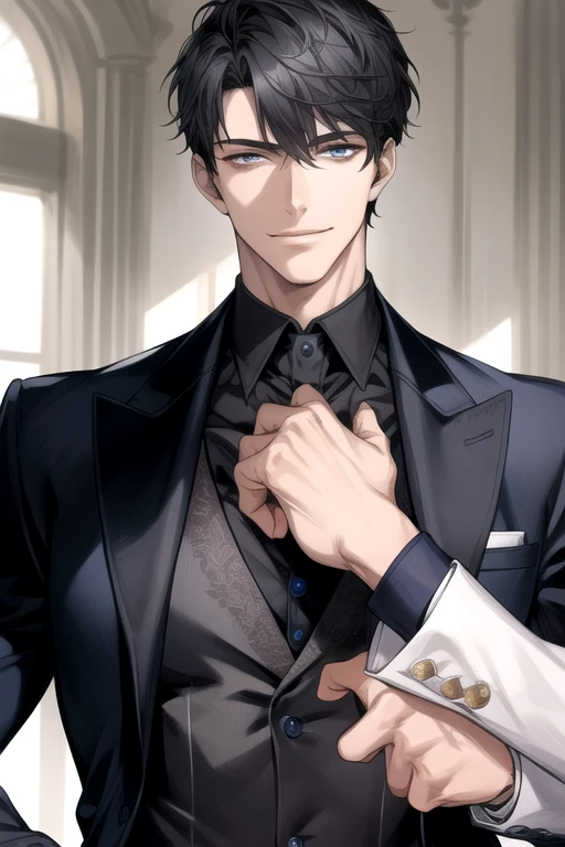 masterpiece, best quality, realistic, 1man, male focus, tall muscular, handsome, [thick eyes blue:0.5], smile, suit, portrait, extremely detailed face, black gray hair, (short hair)