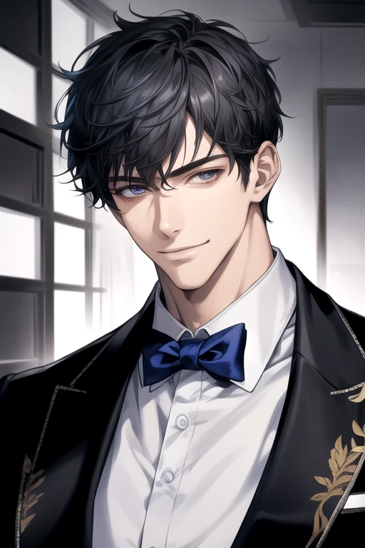 masterpiece, best quality, realistic, 1man, male focus, tall muscular, handsome, [thick eyes blue:0.5], smile, suit, portrait, extremely detailed face, black gray hair, (short hair)