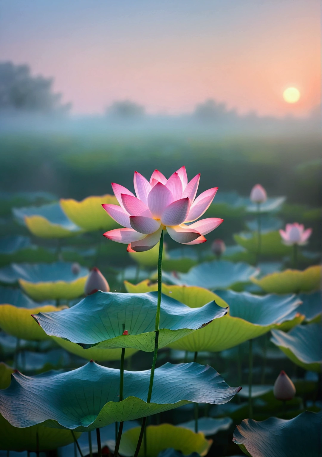 Very beautiful lotus,Background is sunset and fog,Background blur,Real photography,Fresh and natural picture,best quality, high resolution