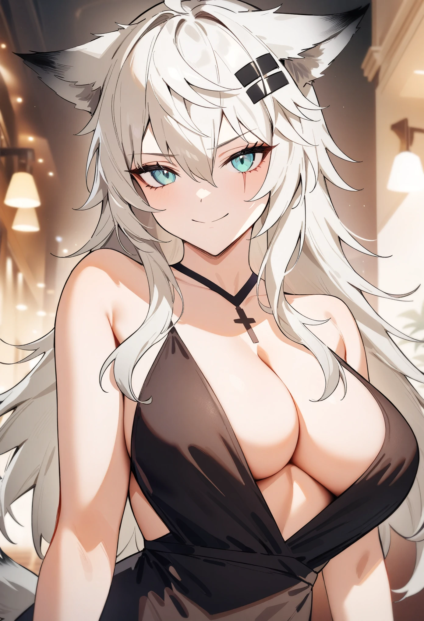 masterpiece, best quality, very aesthetic, absurdres, 1girl, lappland\(arknights), arknights, looking at viewer, upper body, wolf ears, aqua eyes, scar across eye, breasts, cleavage, alternate costume, hairclip, dress, plunging neckline, bare shoulders, smirk, closed mouth, hotel