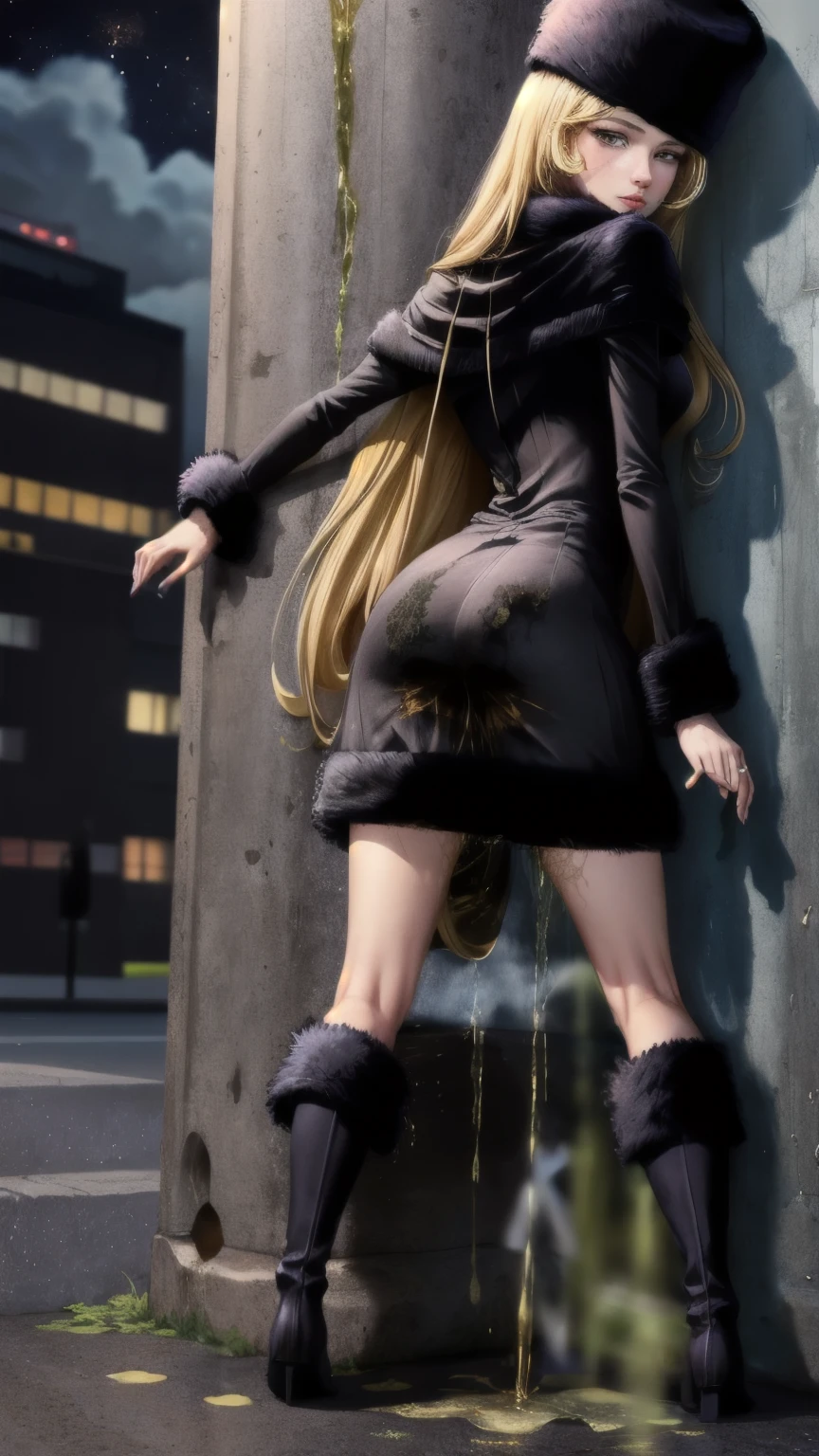 best quality, masterpiece, high resolution, extremely detailed, intricate details, (full body, back view, turn around, look back), ,
solo, a beautiful woman, tall woman, (maetel, long hair, blonde hair, fur-trim, black-headwear, fur-hat, long-sleeves dress, black heel boots:1.5),
smaller face, detailed face, detailed eyes, sophisticated nose, fine-textured skin, pale skin,
(standing with spread legs wide apart, skirt lift by self, showing off her things:1.2), (peeing self, pee stain, urination:1.5),(pee puddle),
photo background, outdoors, downtown, night,