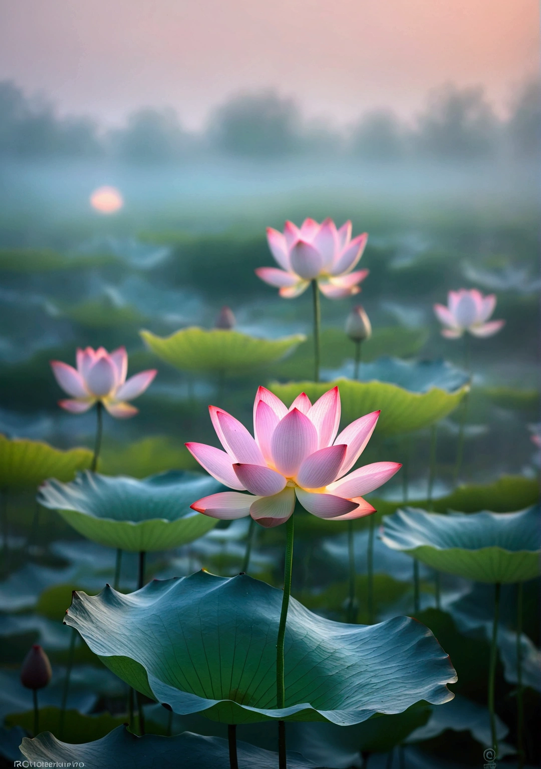 Very beautiful lotus,Background is sunset and fog,Background blur,Real photography,Fresh and natural picture,best quality, high resolution