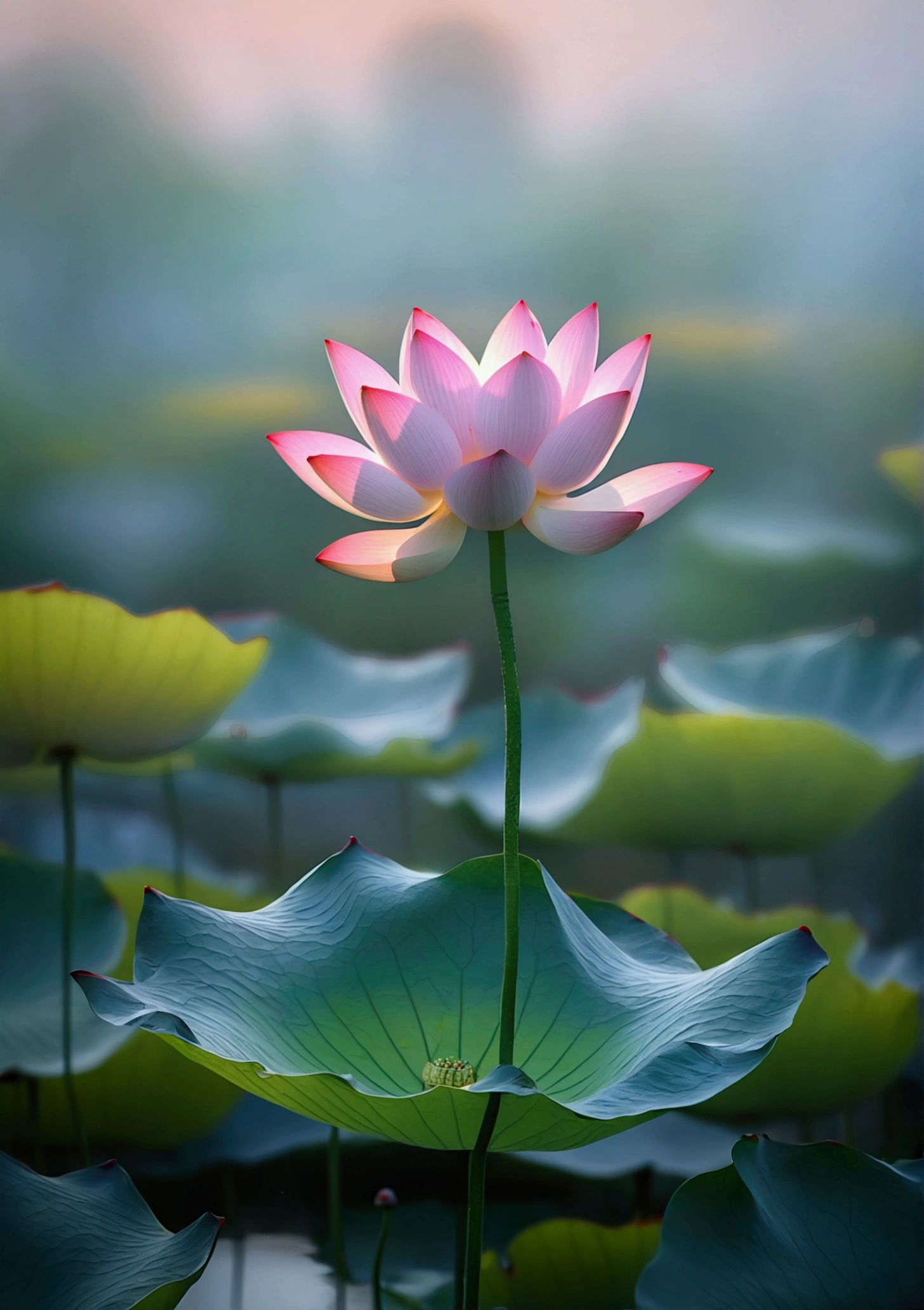 Very beautiful lotus，Background is sunset and fog，Background blur，Real photography,Fresh and natural picture，best quality, high resolution
