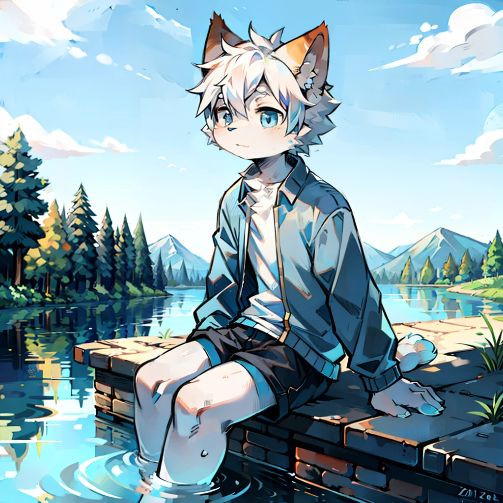 furry, cat boy,(White hair),(Dark gray skin),blue eyes,sitting on the bank of the river,(Soak in water),((Wear short white socks)),Light blue pajamas and shorts,Bright background,The only person,high quality
