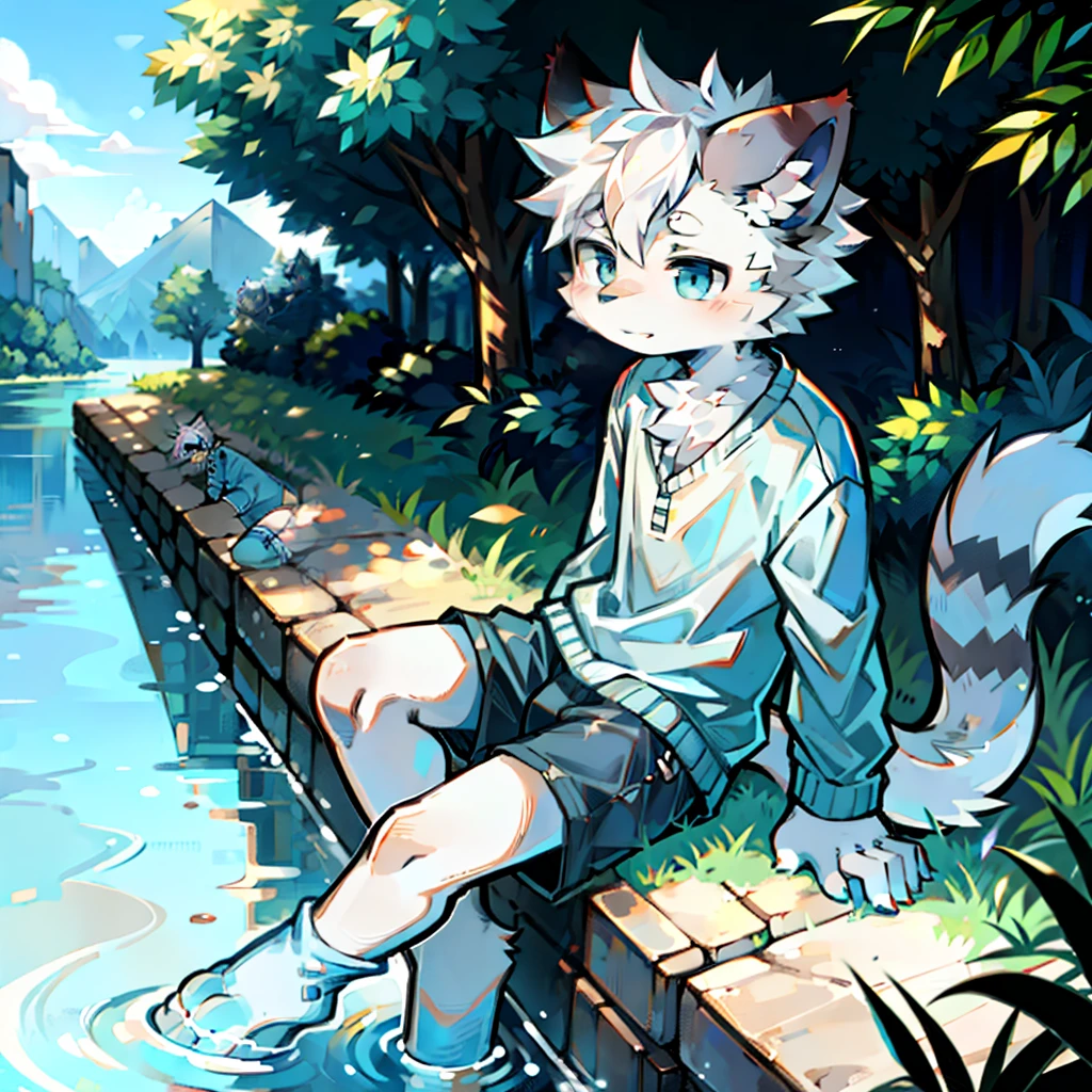 furry, cat boy,(White hair),(Dark gray skin),blue eyes,sitting on the bank of the river,(Soak in water),((Wear short white socks)),Light blue pajamas and shorts,Bright background,The only person,high quality