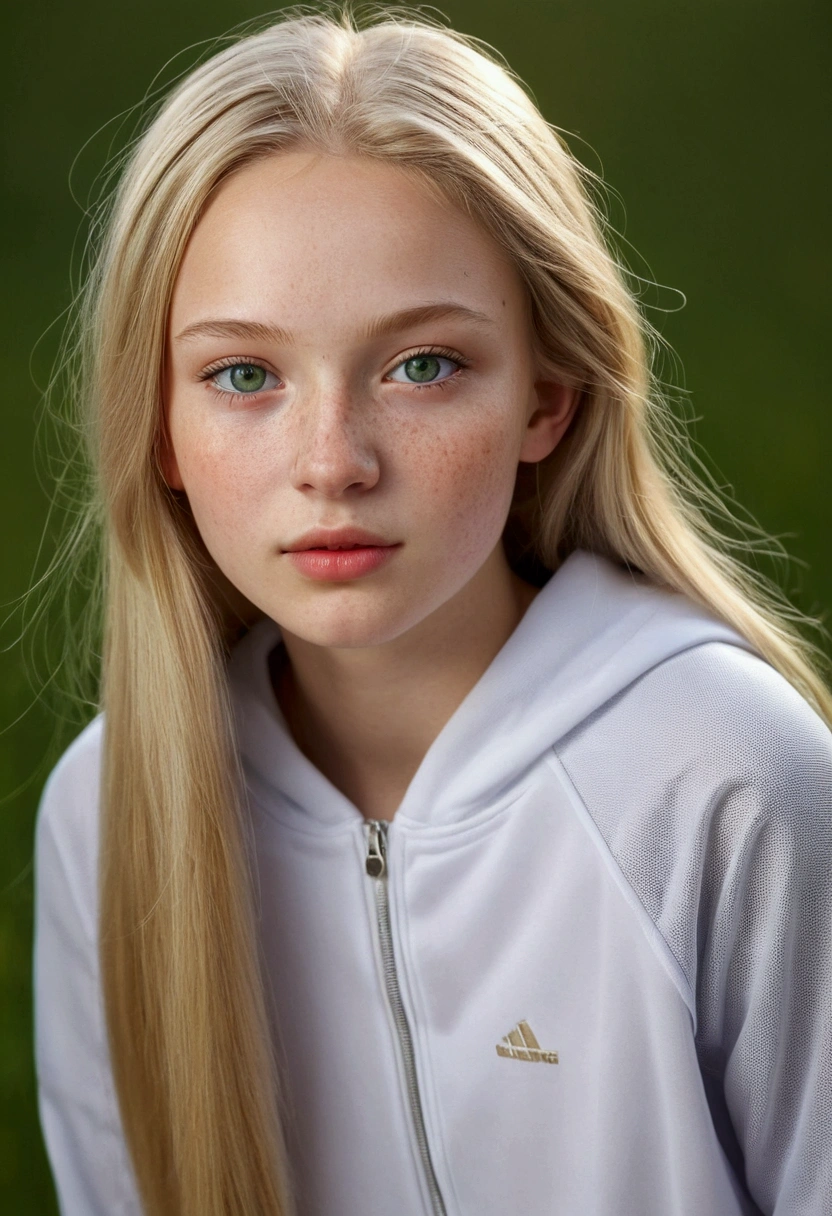 hyperrealistic, 15-year-old girl, Russian, blonde, green-grey eyes, transparente white skin, freckles on the cheeks, small lips, round nose, thin face. realistic, long legs, dressed with training clothes, sexy photo, photo from bihind