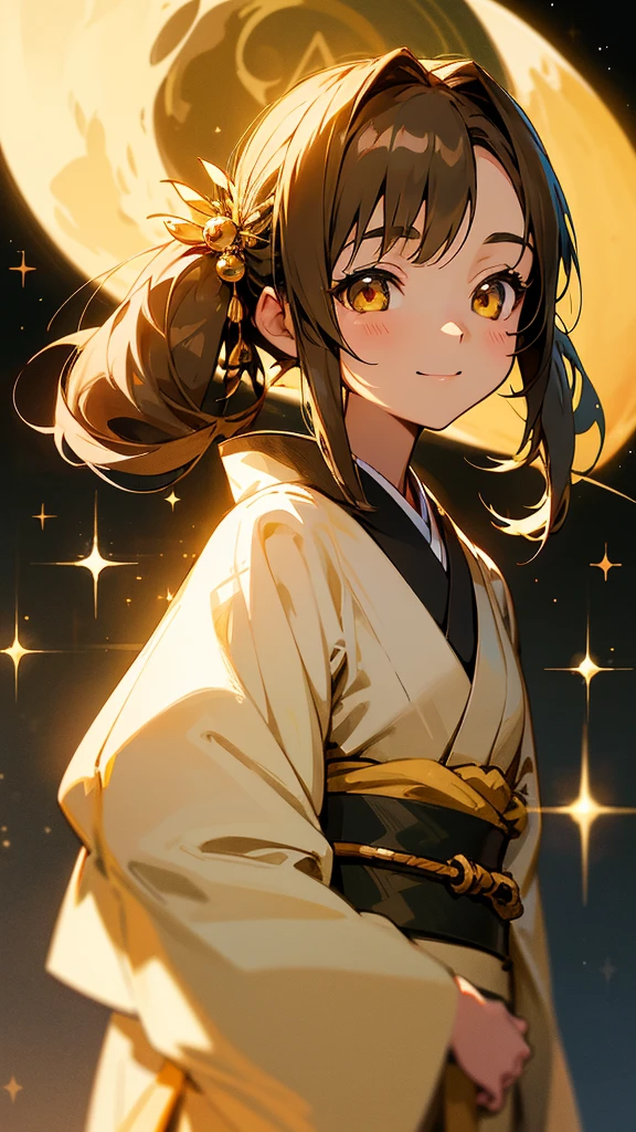 Ghibli style、Asuna, masterpiece, Highest quality, detailed, (One girl), alone, detailed golden eyes, Shoulder-length hair、Are standing, Close to the audience, (detailed kimono), A light smile, Medium chest, Beautiful kimono、Moonlit Night、(hair ornaments), 、Brown Hair, Twin tails, Smiling portrait,Sparkle Effect, Sparkle Effect, 3D Rendering,