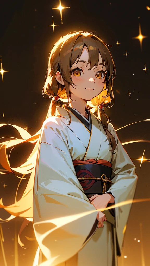 Ghibli style、Asuna, masterpiece, Highest quality, detailed, (One girl), alone, detailed golden eyes, Shoulder-length hair、Are standing, Close to the audience, (detailed kimono), A light smile, Medium chest, Beautiful kimono、Moonlit Night、(hair ornaments), 、Brown Hair, Twin tails, Smiling portrait,Sparkle Effect, Sparkle Effect, 3D Rendering,