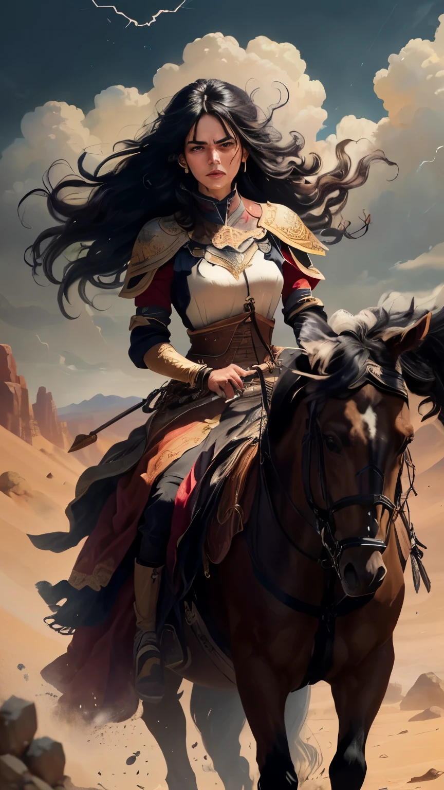 ((best quality)), ((masterpiece)), (detailed), A digital illustration of an injured young woman riding a dark black horse in the desert with a furious expression on her face, dressed in traditional warrior attire with long black hair flowing in the wind. the background is dark and stormy