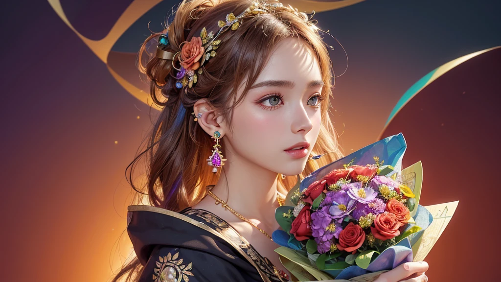 32K, 最高quality, 最高masterpiece, (ultra-Detailed Background, Detailed Background), High resolution, Super detailed, Very detailedな, One girl, (bouquet:1.3), (Tangled:1.2), (Geometric:1.2),(colorful),(masterpiece, quality, best quality, Official Art, Beautiful and beautiful:1.2), (1 girl:1.3), Very detailed,(colorful:1.1)(Flowers:1.3),Most detailed,(Tangled:1.2), whole body, (Abstract background:1.3), (Skin glows), (Many colors:1.4), ,(Earrings Jewelry:1.5), Pale Red Background,