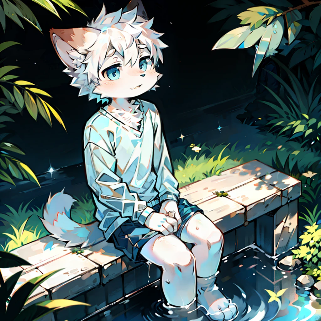 furry， cat boy，（White hair），（Dark gray skin），blue eyes，sitting on the bank of the river，（Soak in water），（（Wear short white socks）），Light blue pajamas and shorts，Bright background，The only person，high quality