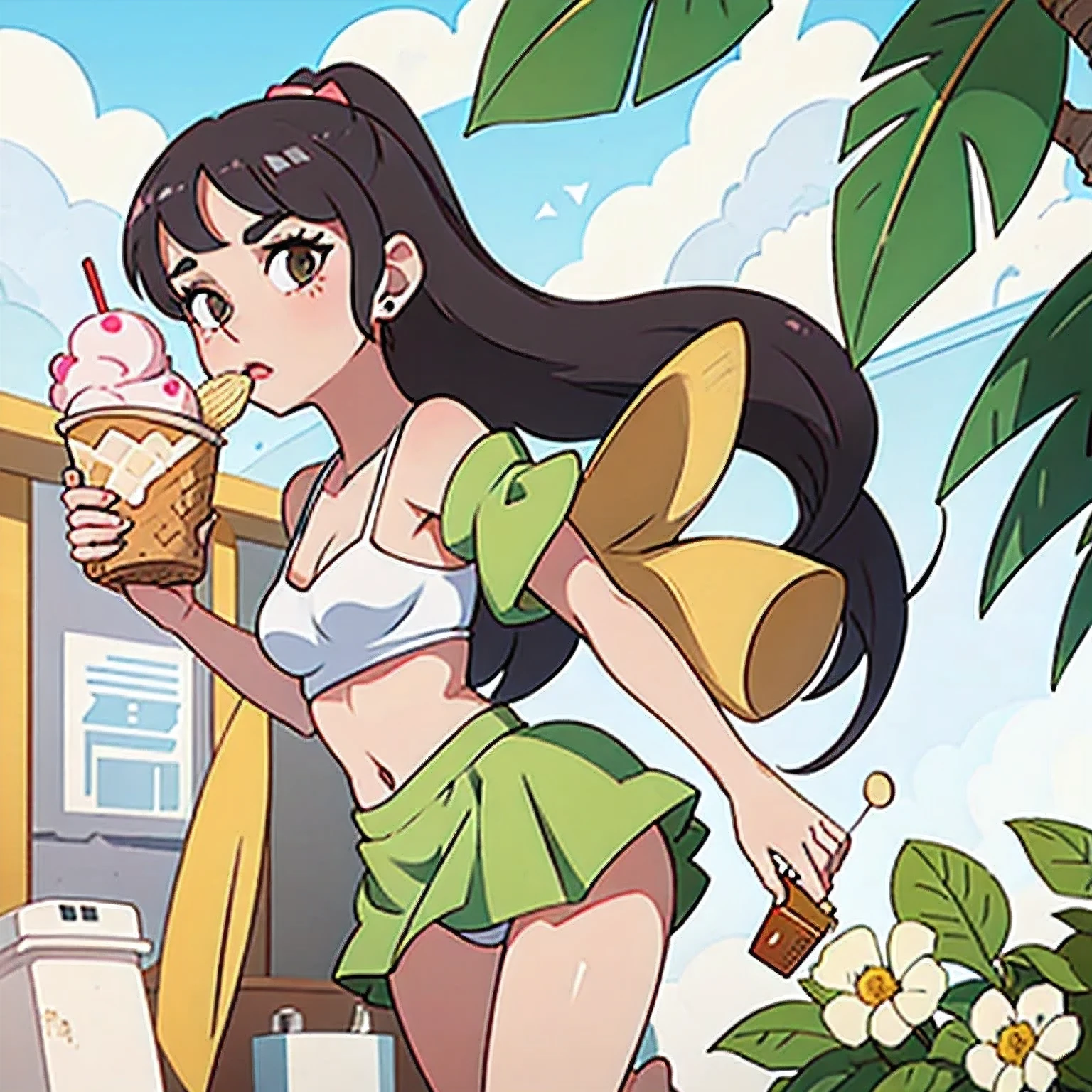 girl in a bikini eating an ice cream cone, eating ice cream, in a bikini, angela white, giorgia meloni, katy perry, in bikini, eating ice - cream, wearing spandex bikini, ice cream on the side, bikini, ice cream, wearing a bikini, candid photo of dirty, shiny plastic bikini, candid shot, cone, 1 girl, solo,in a green dress standing by a wall,portrait of female idol