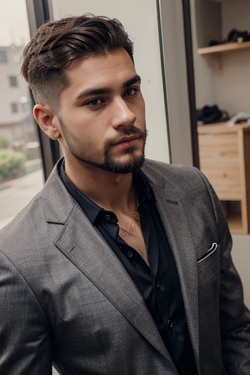 Make me a fashionable man in semi-formal attire with short beard and haircut Feed mind