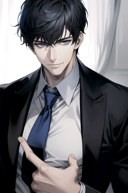 masterpiece, best quality, realistic, 1man, male focus, tall muscular, handsome, [thick eyes blue:0.5], smile, suit, portrait, extremely detailed face, black gray hair, (short hair)