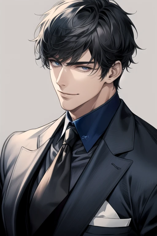 masterpiece, best quality, realistic, 1man, male focus, tall muscular, handsome, [thick eyes blue:0.5], smile, suit, portrait, extremely detailed face, black gray hair, (short hair)