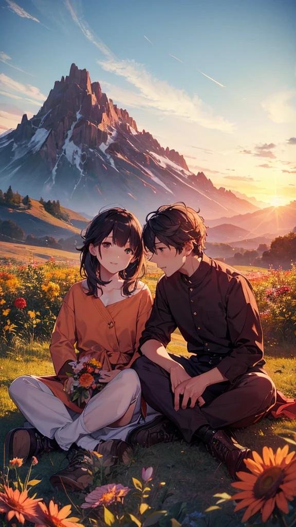 a beautiful mountain, a boy and girl sitting on the mountain watching the sunset, mountains, flowers, sunset, sunny, couple, short clothes, moody color, anime style,