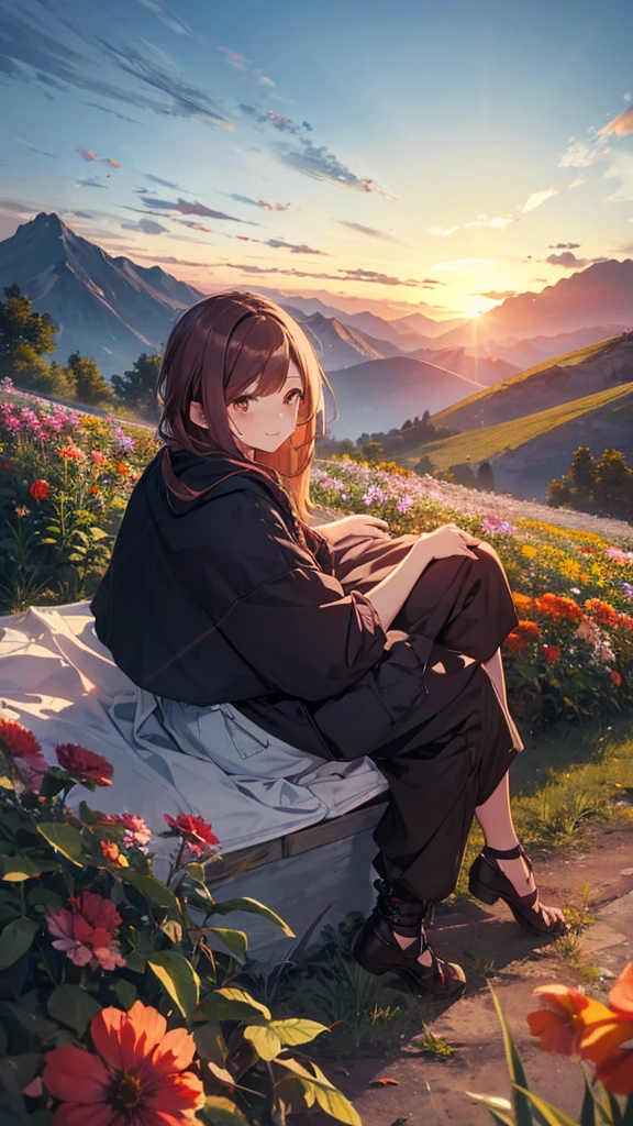 a beautiful mountain, a boy and girl sitting on the mountain watching the sunset, mountains, flowers, sunset, sunny, couple, short clothes, moody color, anime style,