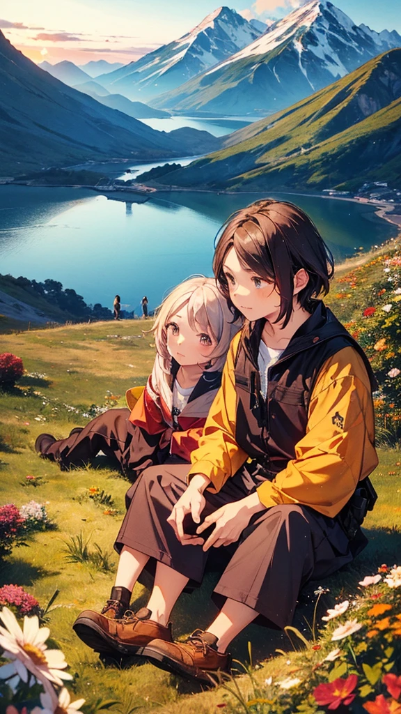 a beautiful mountain, a boy and girl sitting on the mountain watching the sunset, mountains, flowers, sunset, sunny, couple, short clothes, moody color, anime style,