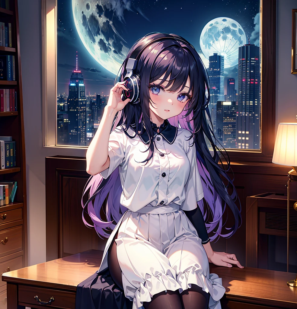 (masterpiece,Highest quality, Very detailed, beautiful, Exquisite, 16K, Full HD),1 girl, 90s anime style, night, Studio Room, moon, Girl wearing headphones, late night room, Listening to music alone, City Pop, low quality, Lo-Fi, Chill, late night, Single room, Dark Room, futuristic night view outside the window, Dark Room