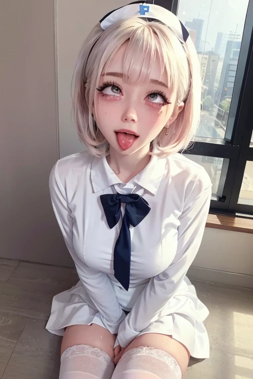 high quality, detailed,nurse girl,(very wet white nurse uniform,very wet uniform,skirt),a mole under the eye,(bob hair,bob hair),(tounge out,lots of saliva),(blushing:1.4),smile,orgasm,ecstasy,breasts,W-sitting,wearing white overknee socks,the whole body,at the hospital,the whole body,looking up,she has a lot of earrings