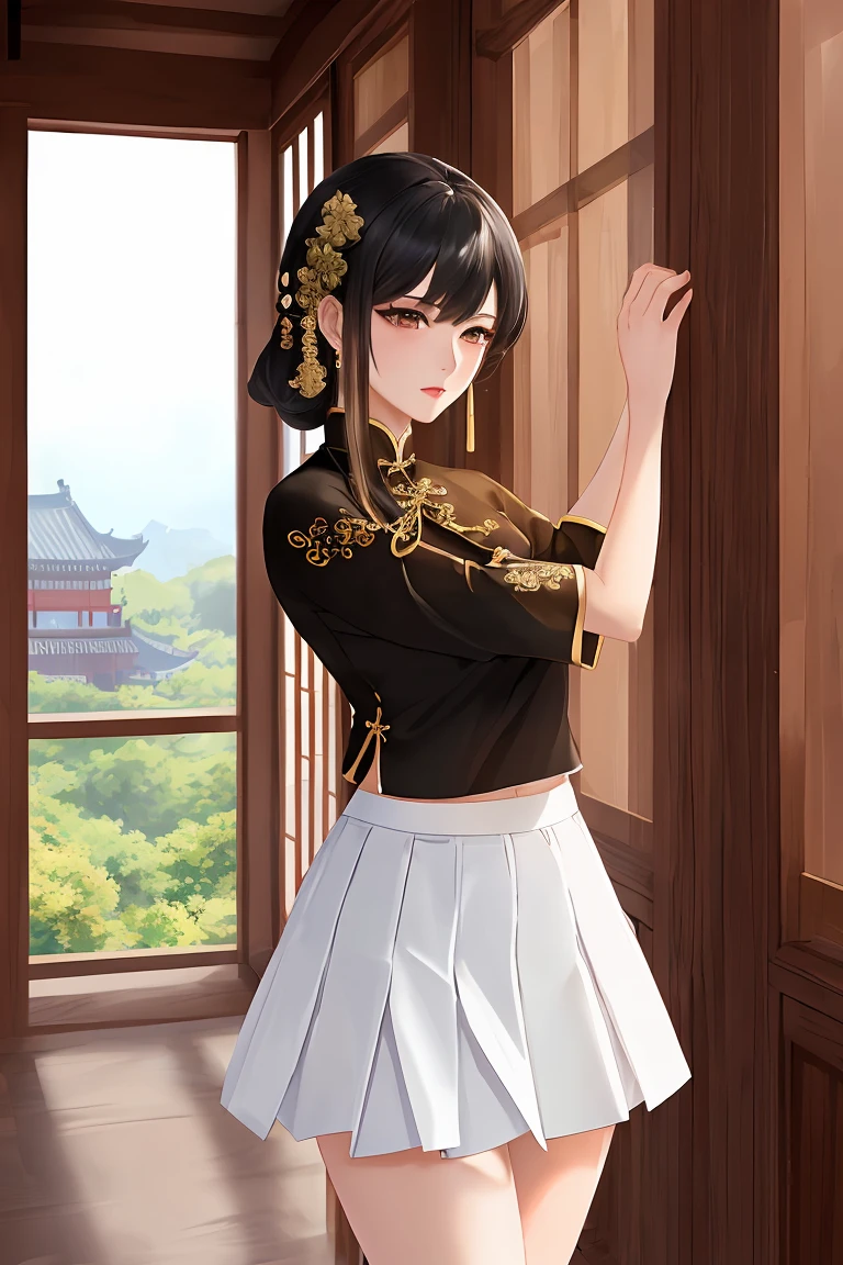 (score_9,score_8_up,score_7_up,score_6_up,score_5_up,score_4_up),masterpiece, top quality, best quality, official art, beautiful and aesthetic, animation,, , 1female, solo, women, mature figure, (black hair:1.2), Chinese clothing, martial arts style, golden pendant earrings, golden hair pins, complex details, ancient East Asian architecture,, Wuchang, (fellatio:1.5), tease, villa, (tight white skirt:1.5), Leng Yan, seduction, charm ,