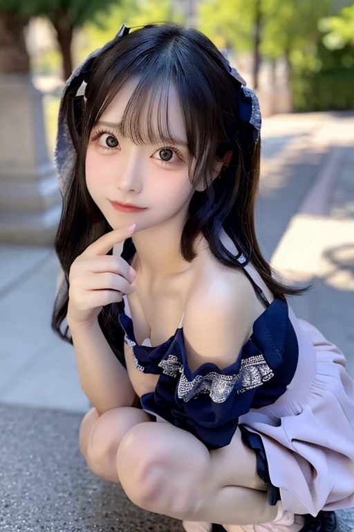 2girls,(((Normal finger、Normal hand、Normal foot))),(((Small breasts))),(((jirai kei fashion)))、((Ruffle Off Shoulder)),(((Mini Ruffle Skirt)))、(())Highest quality、High resolution、超High resolution（Real：1.4）、(School:1.3)、18-year-old、Japanese women、Small breasts、(looking at the camera)、Cute round face、smile、((Shiny gray hair))、looking at the camera、Sparkling eyes、Lips shining with lip gloss、Natural light、(()）、(slim、small、Flat、small)、thin、Delicate and sexy collarbone、、(beautiful girl、Delicate girl:1.3)、(16 years old:1.3)、Very beautiful eyes、(Symmetrical eyes:1、Brown eyes、Parted bangs、(Eye and facial details:1.0) )、Real実写、Photogenic transparency、Detailed eyes、Gradation、Perfect anatomical figure、Woman with perfect body、Highly detailed skin、Highly detailed face、Beautiful eyes in every detail、Background Blur、cutepose、