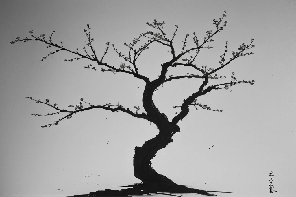 Penmanship,one black cerry blossom little tree,monochrome,old painting,white background,very far away,center