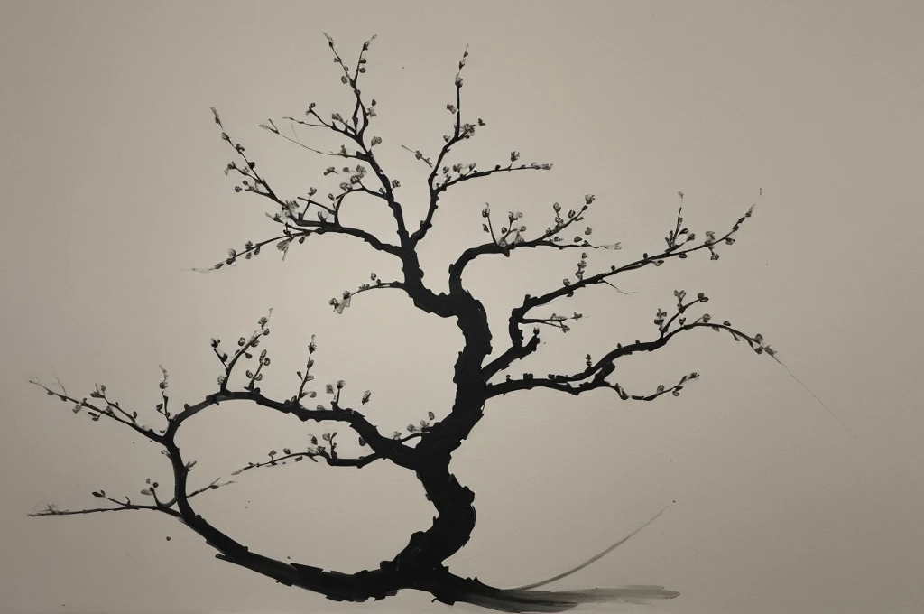 Penmanship,one black cerry blossom little tree,monochrome,old painting,white background,very far away,center