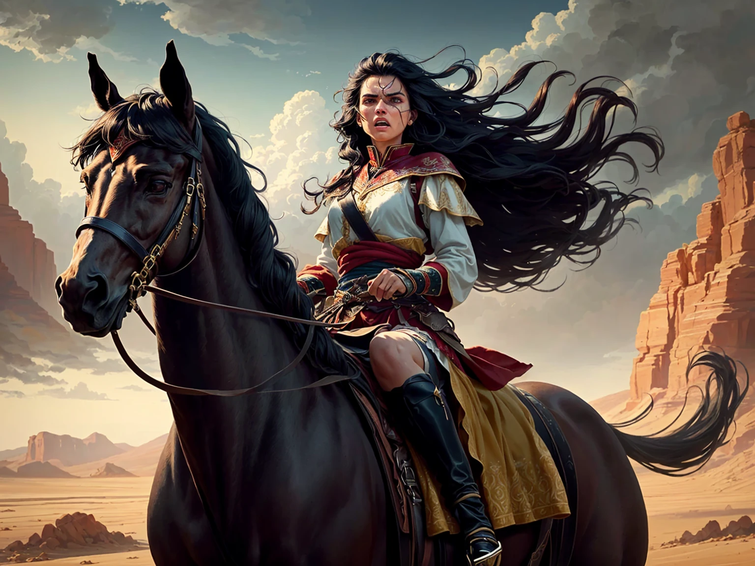 ((best quality)), ((masterpiece)), (detailed), A digital illustration of an injured long black haired woman riding a horse in the desert with a furious expression on her face, dressed in traditional warrior attire with long black hair flowing in the wind. the background is dark and stormy