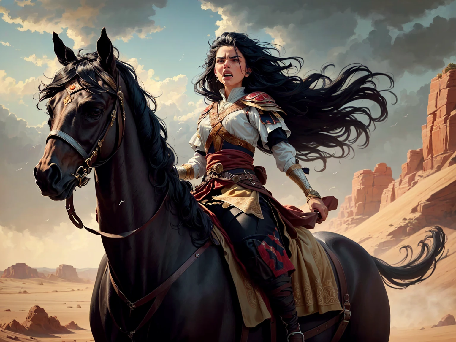 ((best quality)), ((masterpiece)), (detailed), A digital illustration of an injured long black haired woman riding a horse in the desert with a furious expression on her face, dressed in traditional warrior attire with long black hair flowing in the wind. the background is dark and stormy