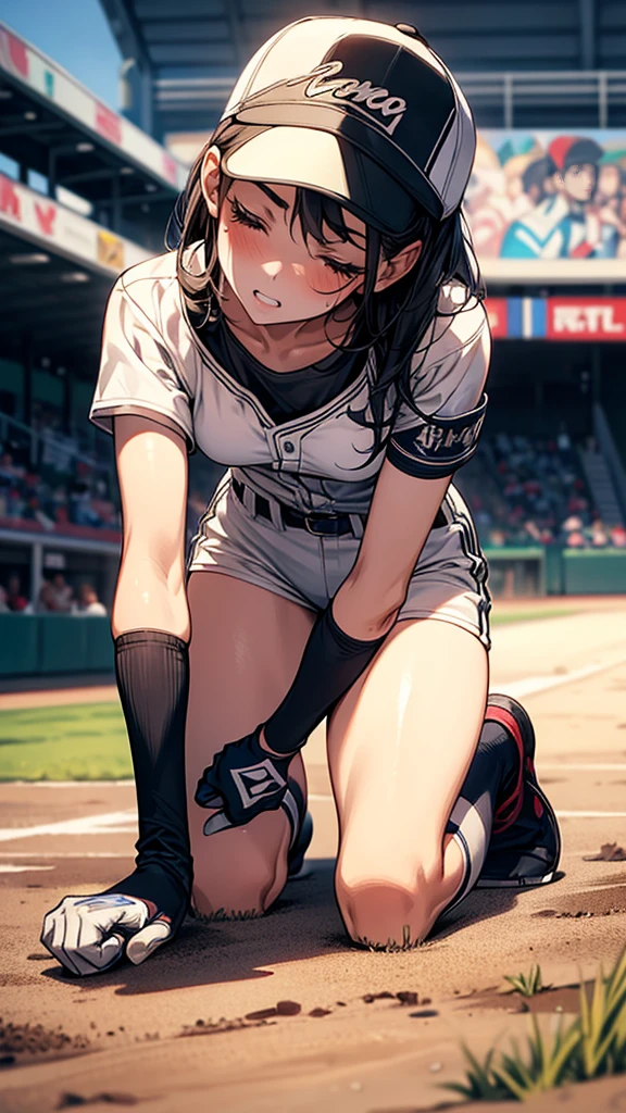 {{masterpiece}}, {{{Highest quality}}},{{Very detailed}},1girl,30years old,{Mature Woman}},{{A loose-fitting white short-sleeved baseball uniform：1.4}}　,Grit your teeth,{{knee protector:1.4}},{{Knee pads:1.4}},from side,full body,furrow one's brow ,{{one eye closed}},｛{all fours}},{{On all fours},Cowboy Shot,{{Small breasts}},Small face,{{Elegant female baseball player}},,White shorts,Baseball cap,Beautiful feet　,clavicle,Gloves,　Thighs,{{v-shaped eyebrows}},Bad mood,blush、Sweat　,Black Hair,　On the grass of a baseball field 