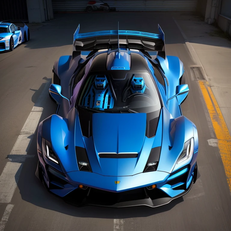 Hot Wheels super car with blue and white details, the background features alien ships with purple cars coming out from below 
