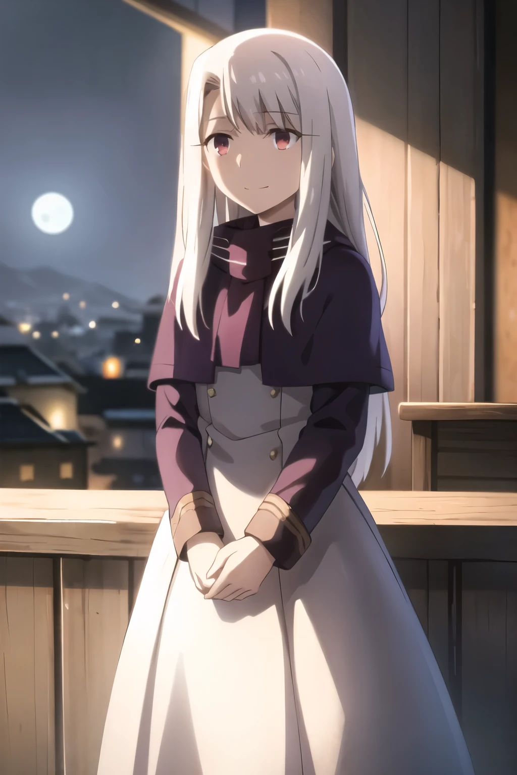 Highest quality, (masterpiece:1.2), Very detailed,
destiny/Background of stay, night, city, moon,
Illyasviel von Einzbern, etc.,
One girl, alone, Are standing, Looking at the audience, Mouth closed, smile,
Long Hair, Gray Hair, Red eyes,
Purple coat, Have, White scarf