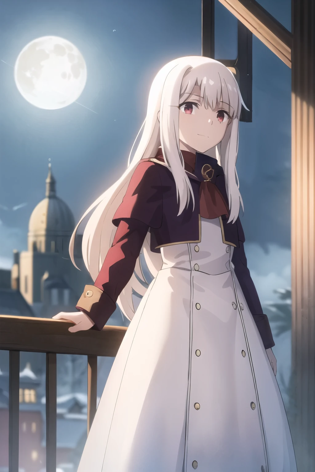 Highest quality, (masterpiece:1.2), Very detailed,
destiny/Background of stay, night, city, moon,
Illyasviel von Einzbern, etc.,
One girl, alone, Are standing, Looking at the audience, Mouth closed, smile,
Long Hair, Gray Hair, Red eyes,
Purple coat, Have, White scarf