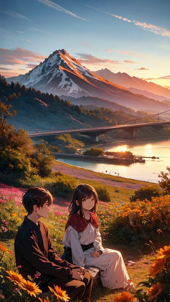 a beautiful mountain, a boy and girl sitting on the mountain watching the sunset, mountains, flowers, sunset, sunny, couple, short clothes, moody color, anime style,