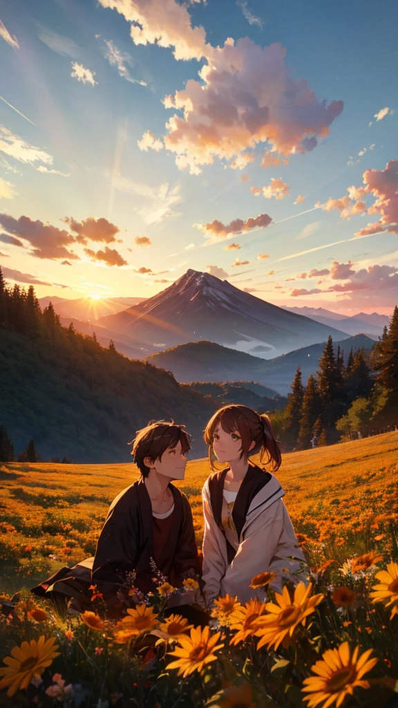 a beautiful mountain, a boy and girl sitting on the mountain watching the sunset, mountains, flowers, sunset, sunny, couple, short clothes, moody color, anime style,