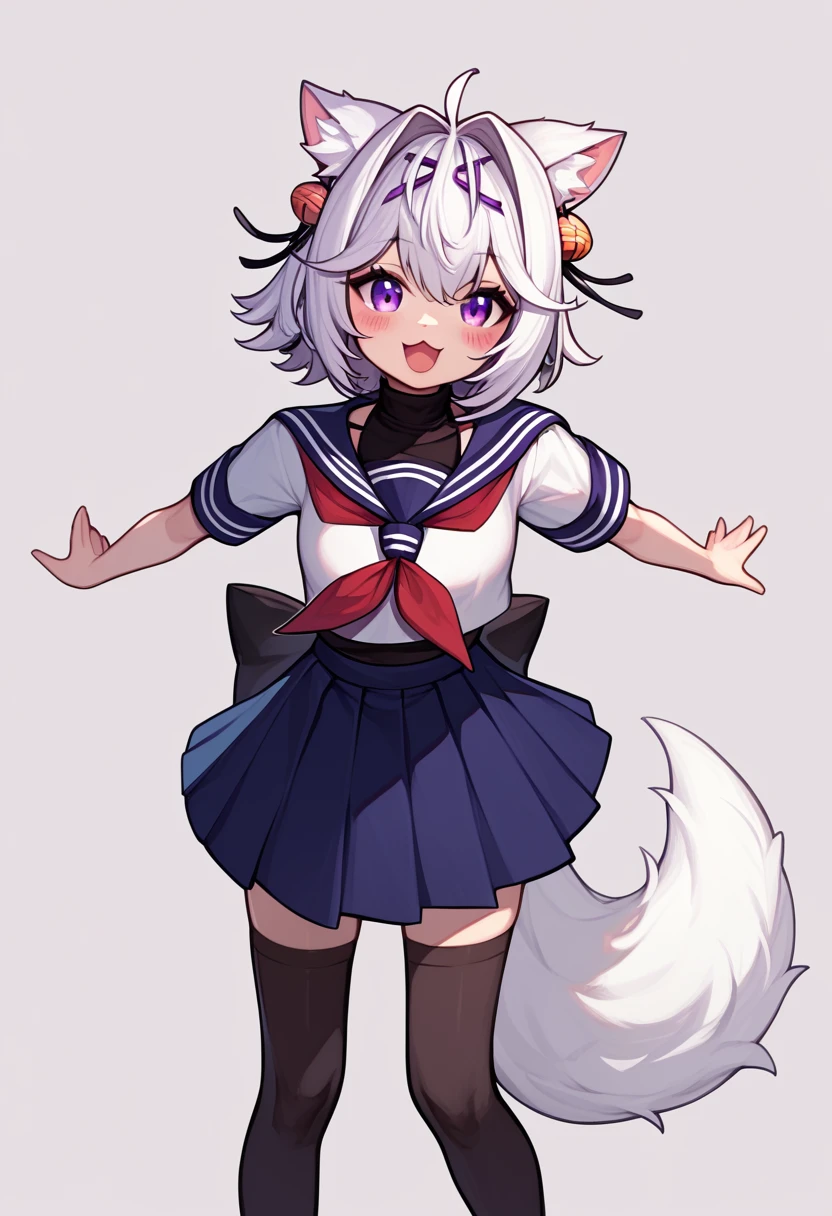 master piece, best quality, ultra-detailed, illustration, 1girl, solo, chibi, (big head), cute pose, front view, Filiansailor, ((purple hairclip)), hair bell white hair, short hair, cat ears, ahoge, purple eyes, blush, laughing, fluffy tail, serafuku, black turtleneck, short sleeve, red neckerchief, blue skirt, black stockings, black shoes, ((simple background)),