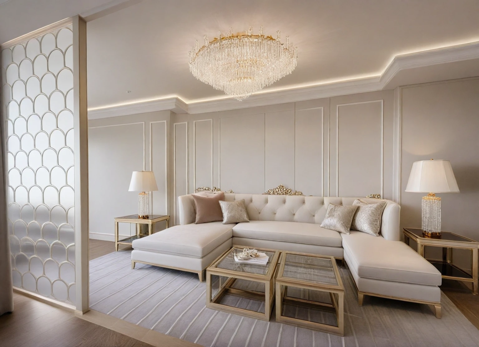 ，Masterpiece, Best quality，8K, Ultra-high resolution，When you step into the living room，Immediately surrounded by a rich atmosphere of luxury。Ornate crystal chandeliers hang high on the wall，Shine brightly。The sofa was covered with a soft white fluffy blanket，It is so comfortable，So much so that you can't help but indulge in it。In the corner of the living room is a delicate coffee table，Embellished with precious porcelain and champagne gold ornaments。Whenever it is late afternoon，The afterglow from the window spilled on the floor，Soft light and shadow are reflected，It was as if entering a dreamland, (wooden floor)