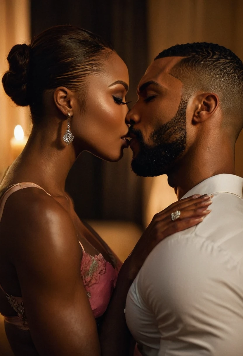 photorealistic, African American couple, kissing, beautiful, dark skin, sexy, (Best quality, 8k, 32k, Masterpiece, UHD), no bra, no shirt, naked, 32K wallpaper, romantic background, big ass, voluptuous, thick body figure, big lips, glowing skin, nighttime, candles and roses around, sweaty, dripping wet, passion, affectionate, hearts floating everywhere
