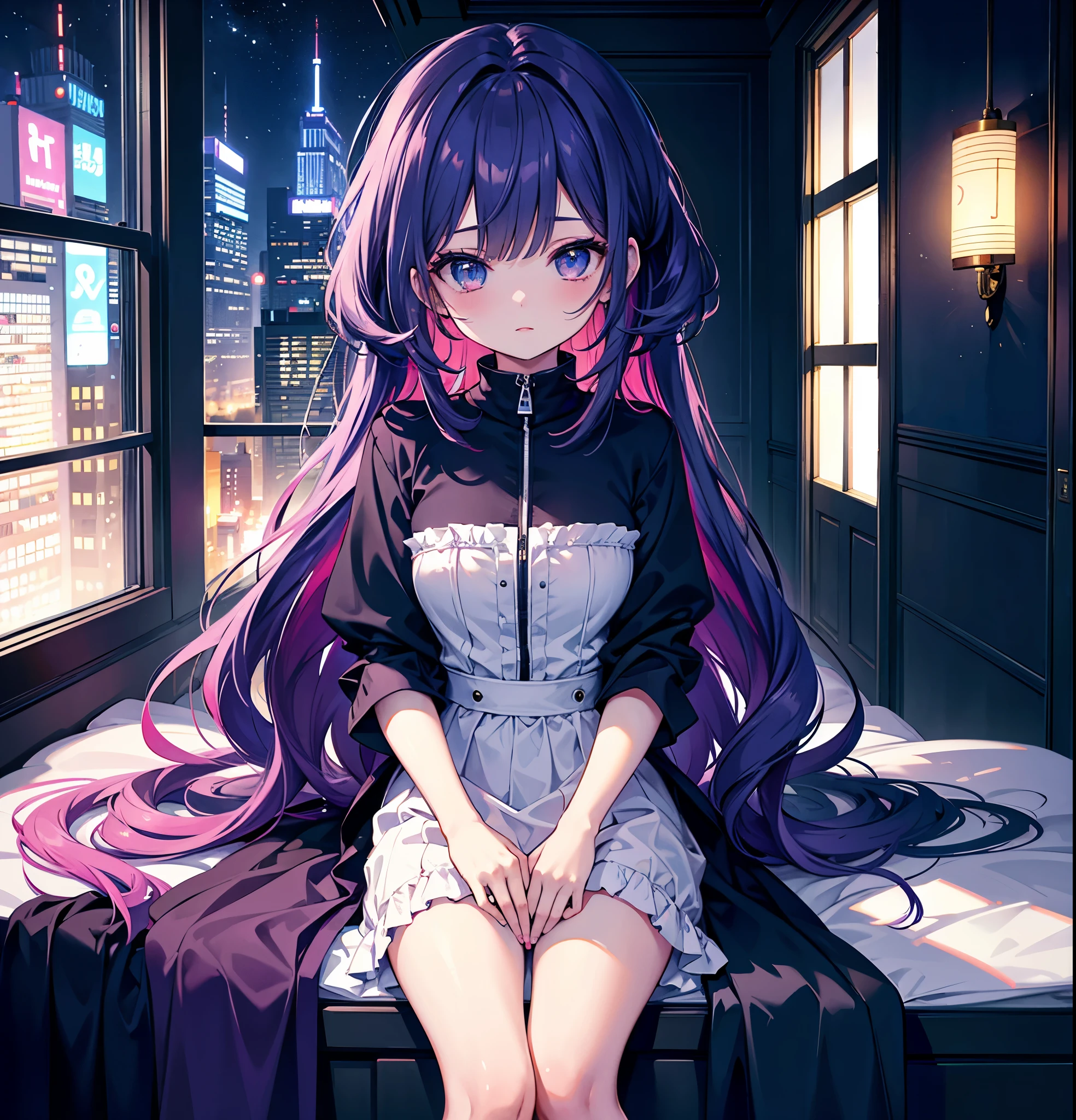 (masterpiece,Highest quality, Very detailed, beautiful, Exquisite, 16K, Full HD),girl1人, 90s anime style, night, Studio Room, moon, girl, late night room, Listening to music alone, City Pop, low quality, Lo-Fi, Chill, late night, Single room, Dark Room, futuristic night view outside the window, Dark Room
