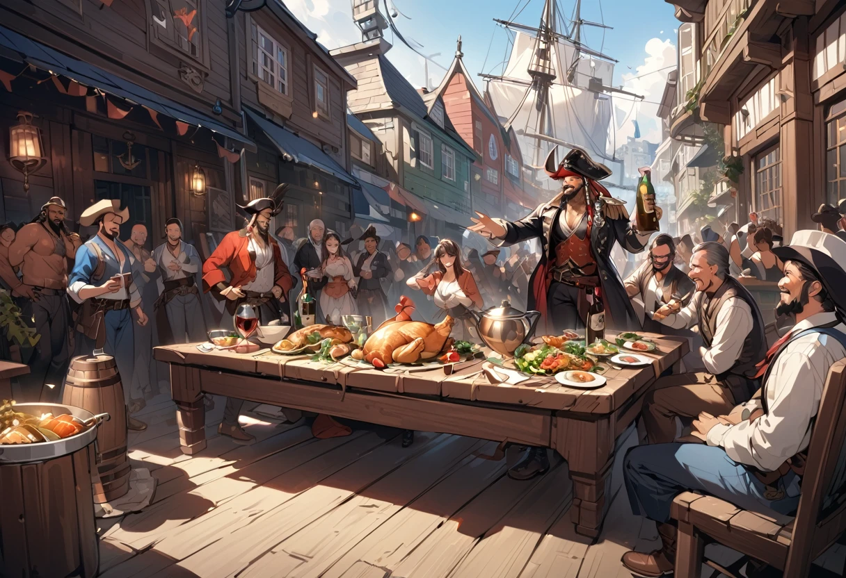 Wide Shot,The best move,Highest quality,(masterpiece:1.1576),(Ultra-detailed 8K art:1.05),(crew member,pirate,Dark Skin,middle aged,bar:1.25),noon ，lanthanum,male, deck, (On deck,pirate船),Vibrant, fun,Laughter,Smile Break Western,(banquet,crowd,Port town:1.25),Ships, crew, Dirty clothes, tattoo, Old Wounds,beard,Drunk, Wine bottle,Front open shirt, blush,boots,Rolling Wine bottles, Messy,Long trousers,(Multiple chickens),maleのダンス, maleがお酒を飲む，A music band will liven up the event，Standing drink
