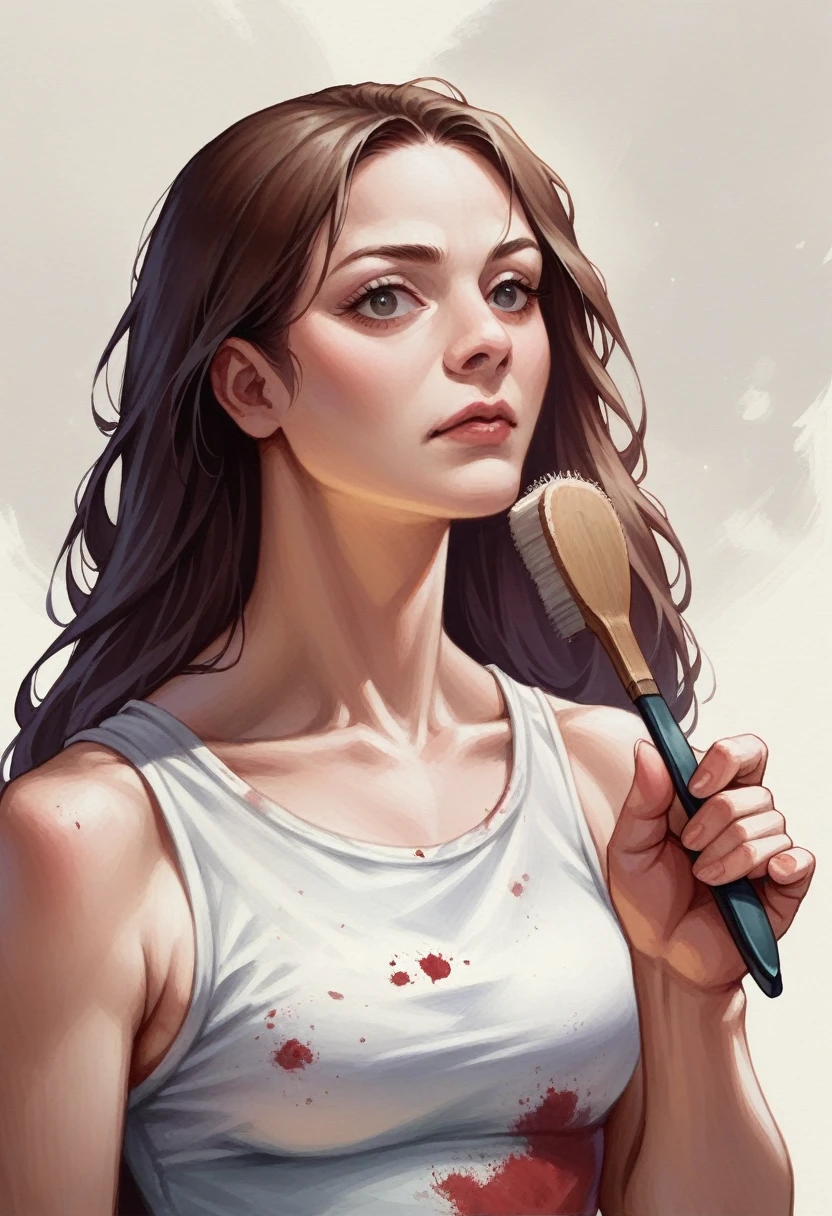 (masterpiece), (extremely intricate:1.3), (realistic), portrait of a girl, painter, holding a brush, many colors on top, white tank top, watercolor, long hair