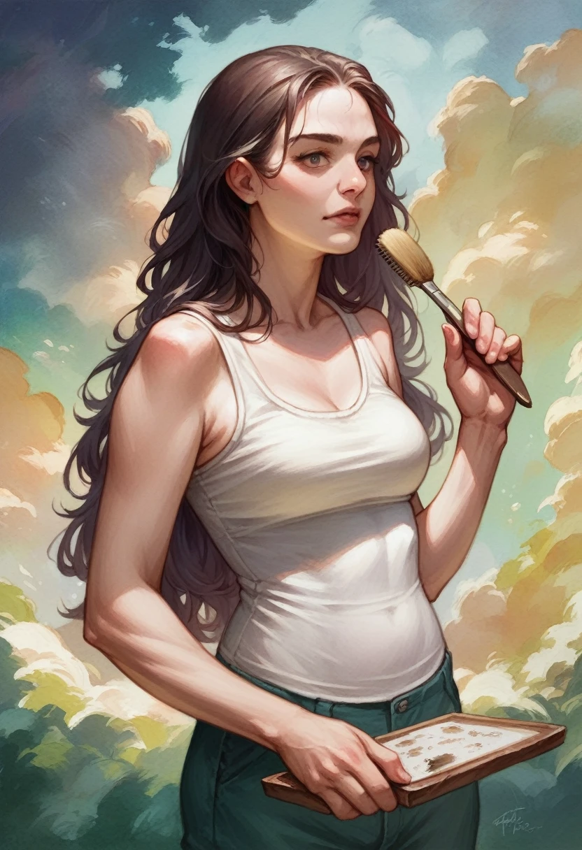 (masterpiece), (extremely intricate:1.3), (realistic), portrait of a girl, painter, holding a brush, many colors on top, white tank top, watercolor, long hair