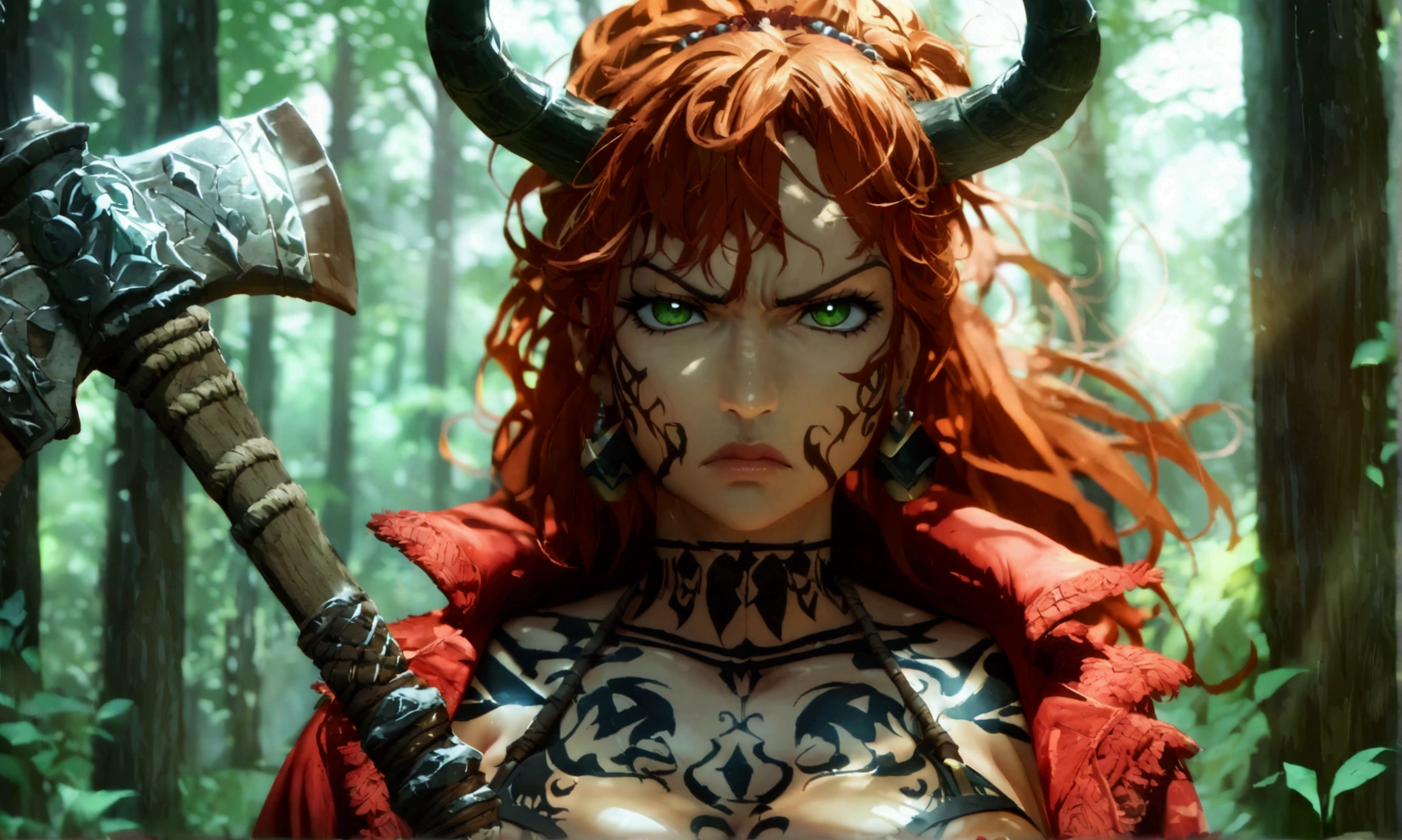 Mature, strong and large woman, serious, mature face, angry expression, dark skin, medium brown hair, green eyes, red jacket with axe ornaments, black horns, tribal tattoos, black blouse, holding an axe, forest background, "Anime character design inspired by One Piece, full of dramatic and impressive lighting, focus on the centralized character, impressive face, full of creative details, ultra-fine 4K design, scenery bathed in creativity, boasting 2D anime resolution clarity, HD anime graphics, high-octane rendering"